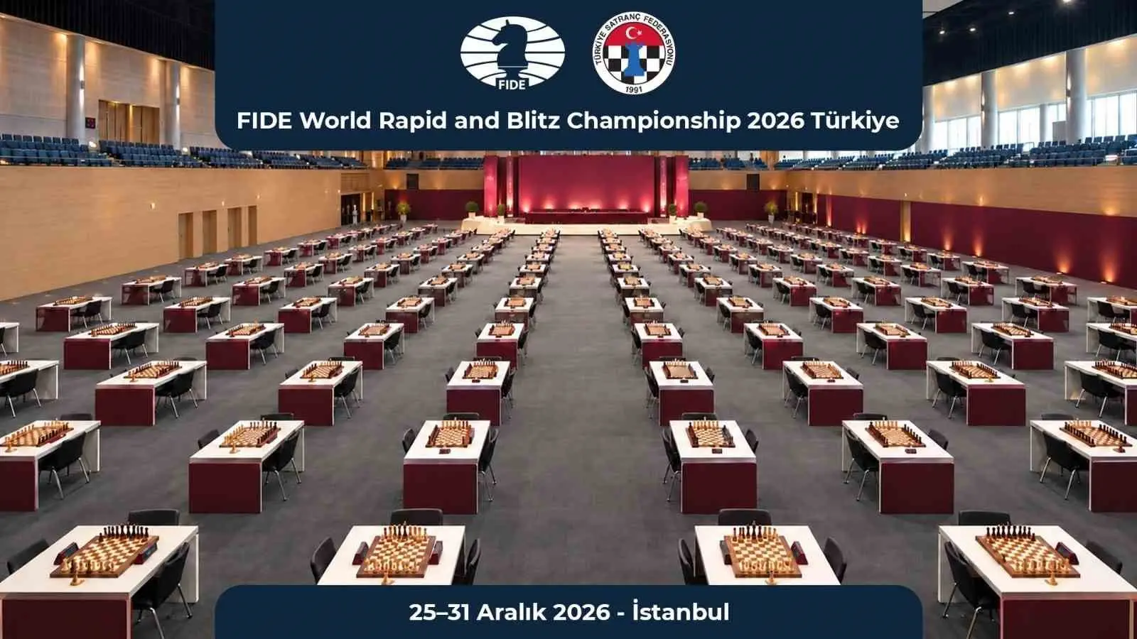 ULUSLARARASI SATRANÇ FEDERASYONU (FIDE), 2026 DÜNYA HIZLI VE YILDIRIM SATRANÇ ŞAMPİYONASI'NIN TÜRKİYE'DE DÜZENLENECEĞİNİ AÇIKLADI. DÜNYA SATRANCININ EN BÜYÜK BULUŞMALARINDAN BİRİSİ OLAN ŞAMPİYONA, 25-31 ARALIK 2026 TARİHLERİNDE İSTANBUL'DA, TÜRKİYE SATRANÇ FEDERASYONU'NUN EV SAHİPLİĞİNDE YAPILACAK.