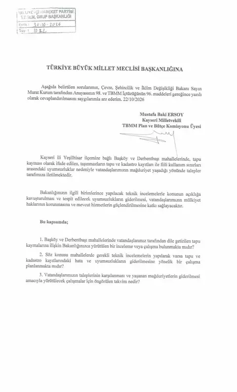 MİLLİYETÇİ HAREKET PARTİSİ (MHP) KAYSERİ MİLLETVEKİLİ BAKİ ERSOY, YEŞİLHİSAR İLÇESİ BAŞKÖY VE DERBENTBAŞI MAHALLELERİNDE YAŞANAN TAPU KAYMALARINA İLİŞKİN YAZILI SORU ÖNERGESİNİ TBMM BAŞKANLIĞINA SUNDU.